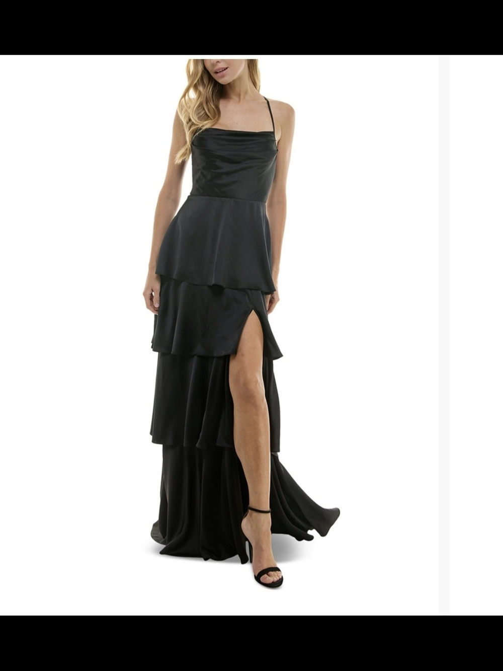 City Studio Black Tiered Satin Maxi Dress with High Slit